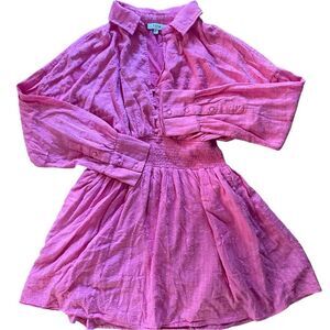 Fate Women's V-Neck Long Sleeve Smocked Waist Lined Mini Dress Hot Pink‎ Medium